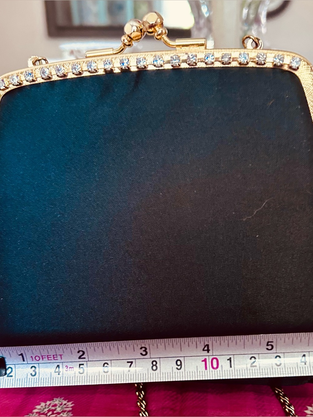 Black Satin Evening Clutch with Gold Crystal Frame